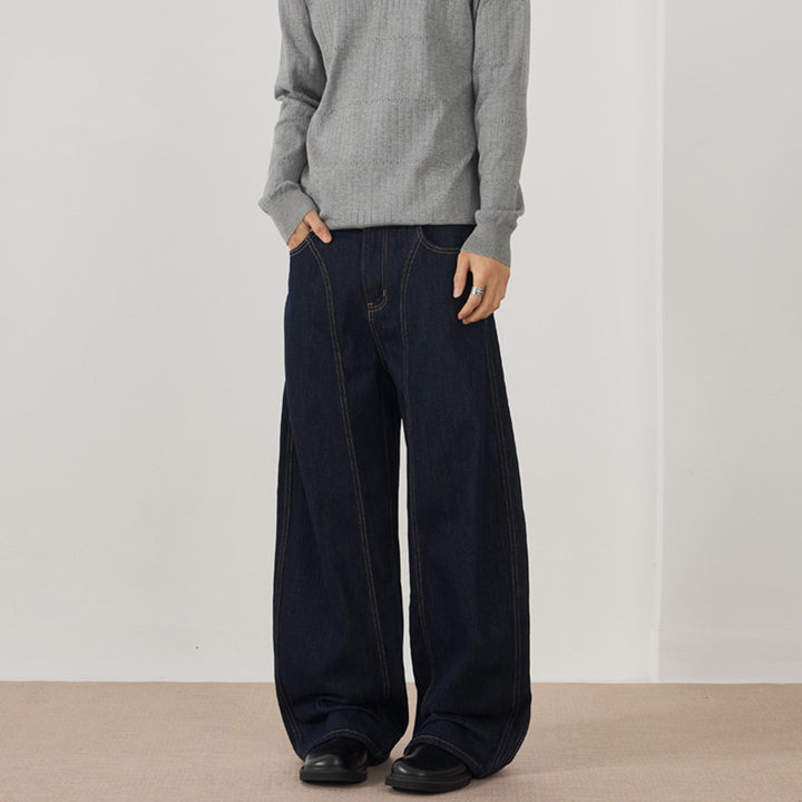 Herren Extraweite Denim-Palazzohose mit vertikalen Nahtpaneelen und bodenlanger Silhouette Drune