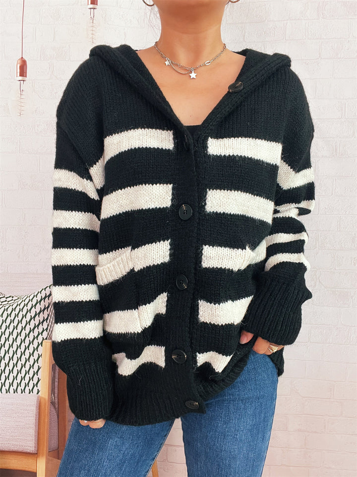 Damen lässiger Strickcardigan mit Kapuze und breiten Streifen Drune