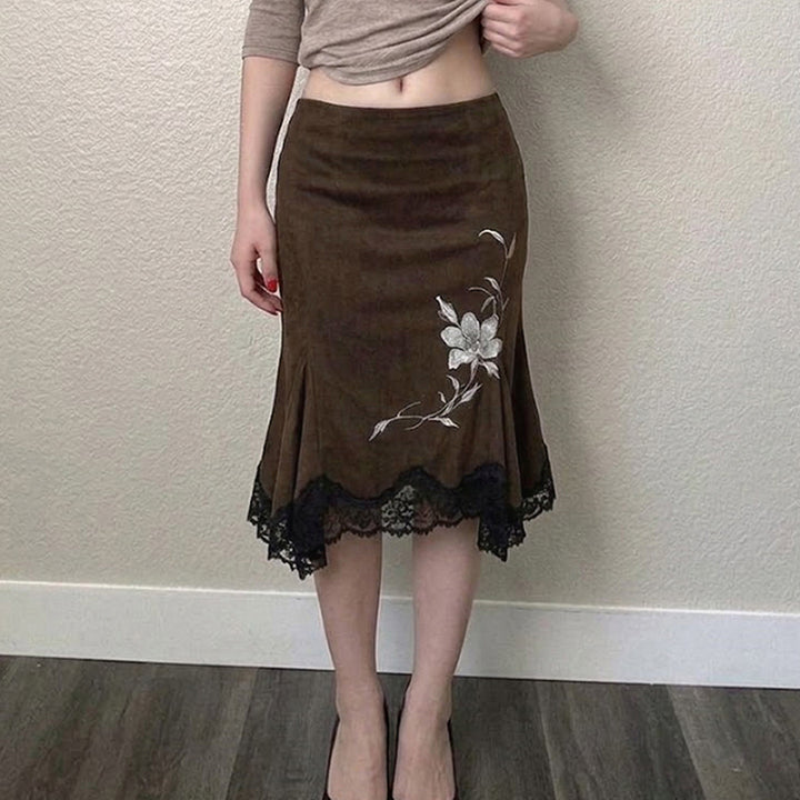 Damen Midirock aus Velourslederimitat mit floraler Stickerei und Spitzenbesatz Drune