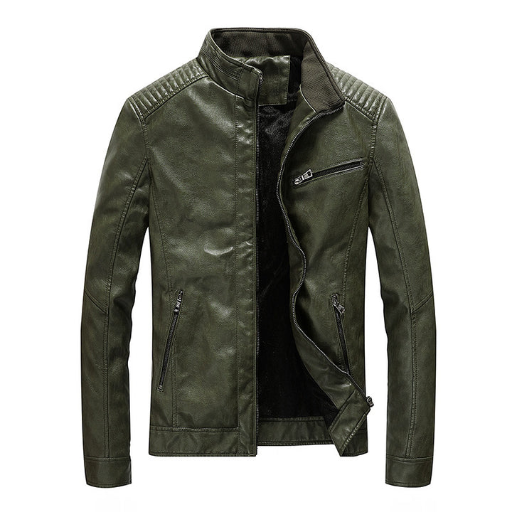 Herren Kunstleder-Motojacke mit Stehkragen, Schultersteppungen und Reißverschlusstaschen Drune