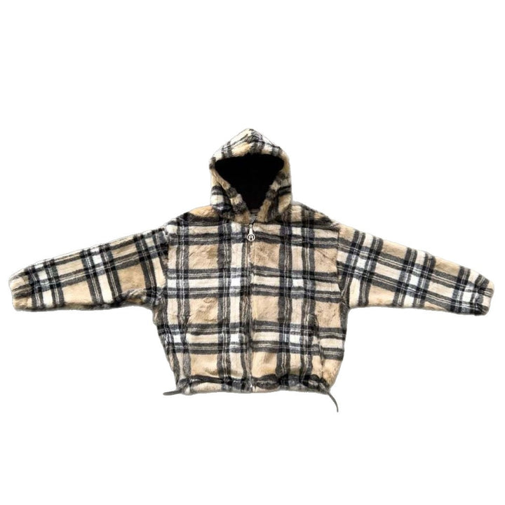 Unisex nan gefütterte Plaid-Fleece-Bomberjacke mit Kapuze Kordelzug und Reißverschlusstaschen Drune