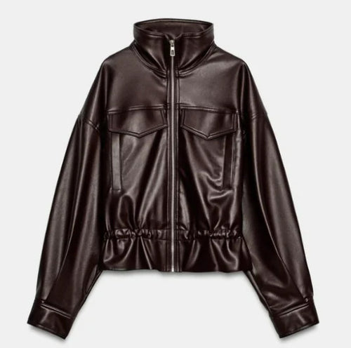Damen Cropped Kunstleder‑Blouson mit Stehkragen, Pattentaschen und Tunnelzugtaillierung Drune
