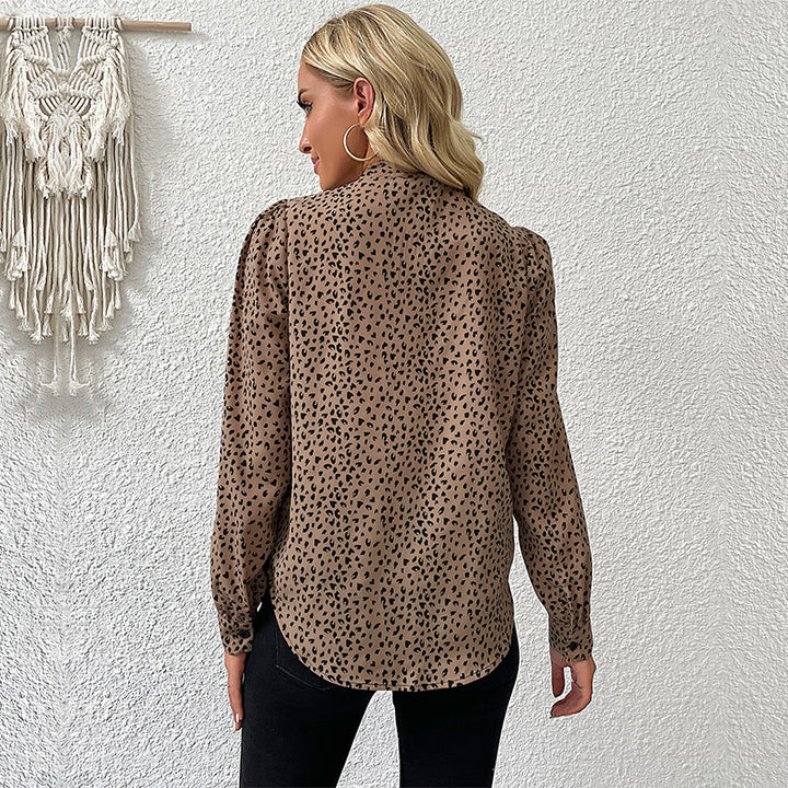 Damen Schluppenbluse aus leichtem Viskose‑Mix mit Bindekragen, Manschettenärmeln und Animal‑Print Drune