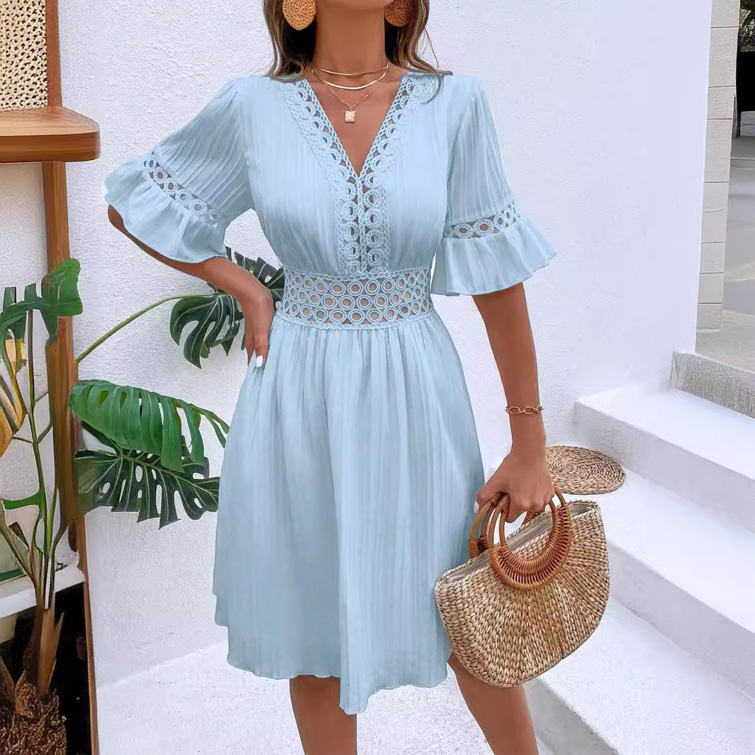 Damen Midikleid mit Plissee, Spitzeneinsatz in der Taille und Volantärmeln Drune