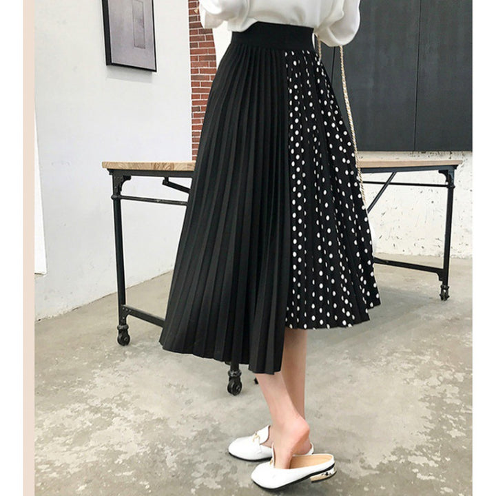 Damen Asymmetrischer Plissee-Midirock mit Tupfen-Panel und elastischem Bund Drune