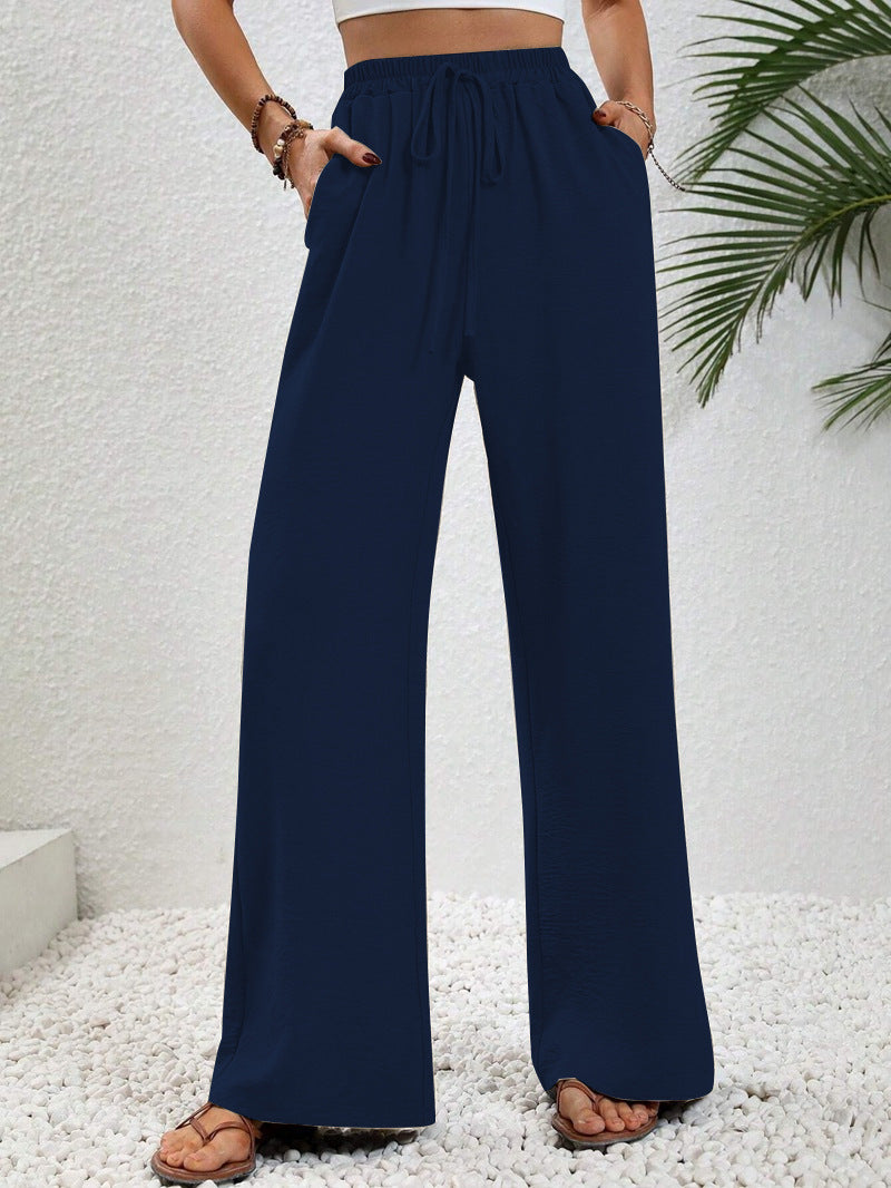 Damen Weite Palazzohose mit hohem Elastikbund, Kordelzug und Eingrifftaschen Drune