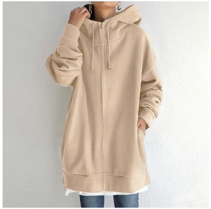Damen nan oversized Kapuzenlongpullover mit Reißverschluss und Eingrifftaschen Drune