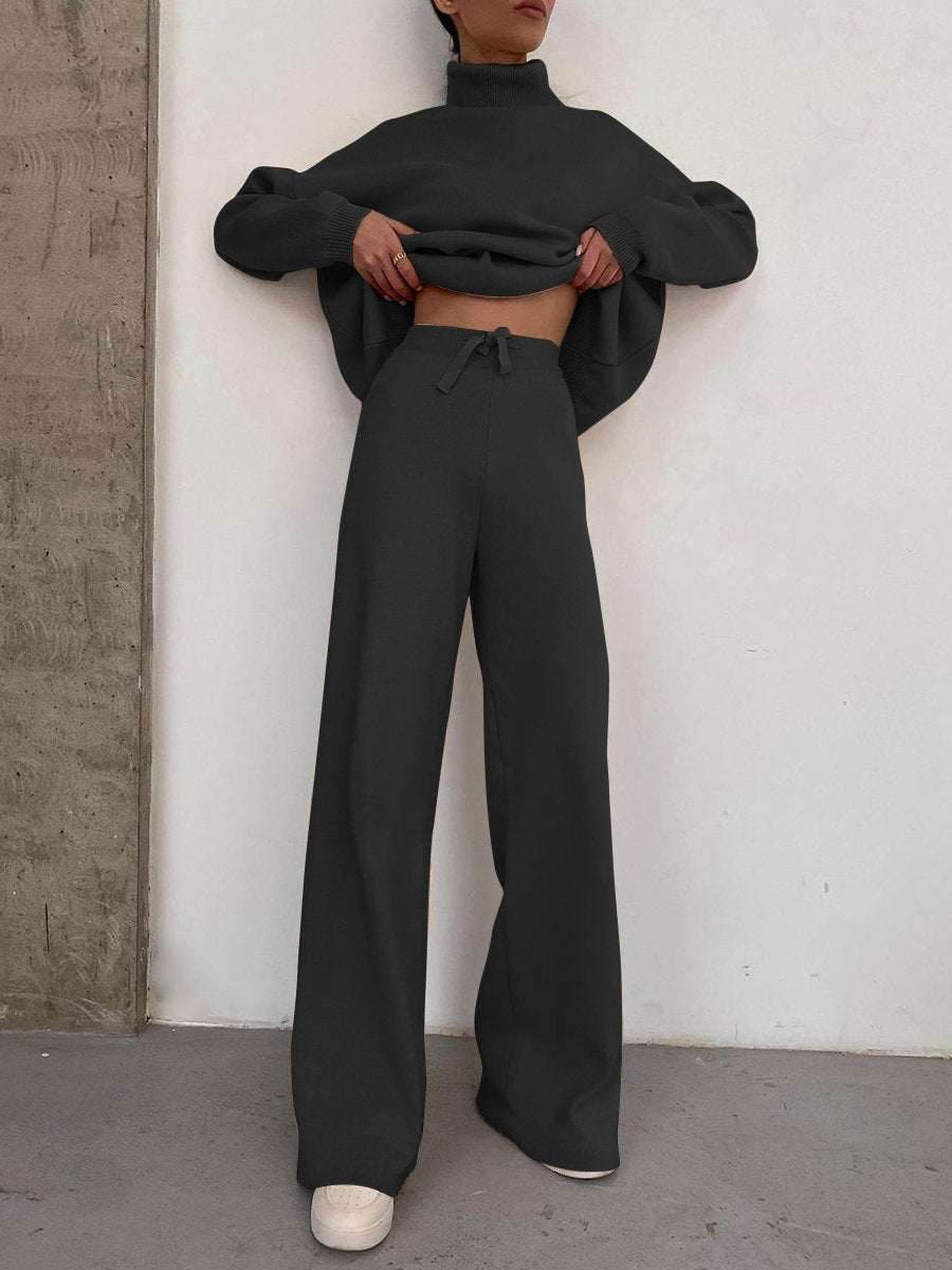 Damen Weite Strickhose mit hoher Taille, Tunnelzug und weitem Bein Drune