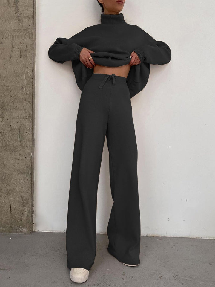 Damen Weite Strickhose mit hoher Taille, Tunnelzug und weitem Bein Drune