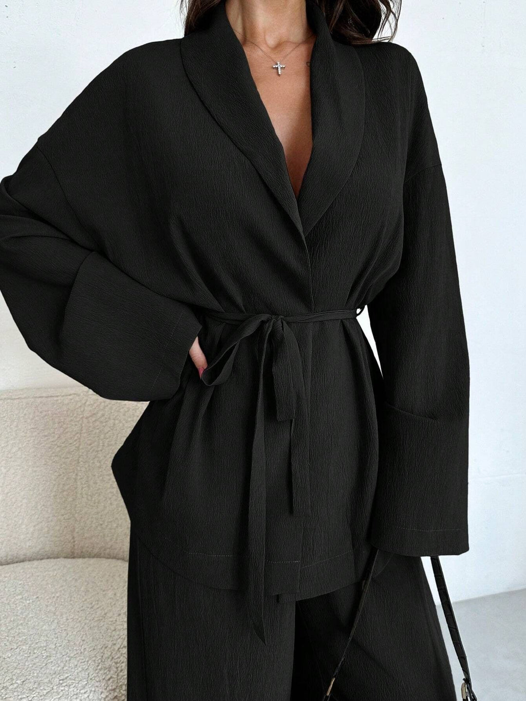 Damen lässige Oversized Blazerjacke mit Gürtel Drune