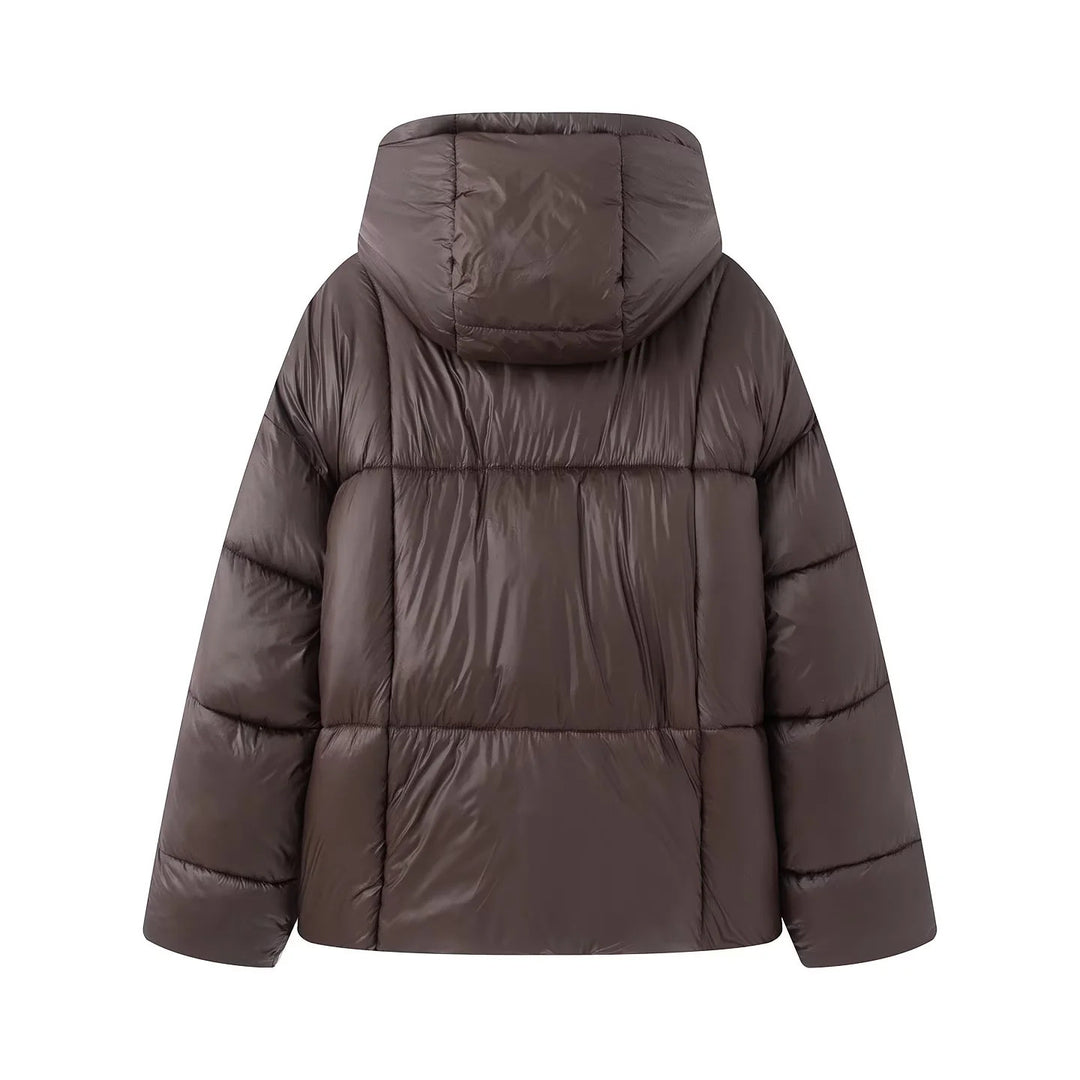 Damen nan kastige wattierte Kurzjacke mit Kapuze, hoher Kragen und verdeckter Druckknopfleiste Drune