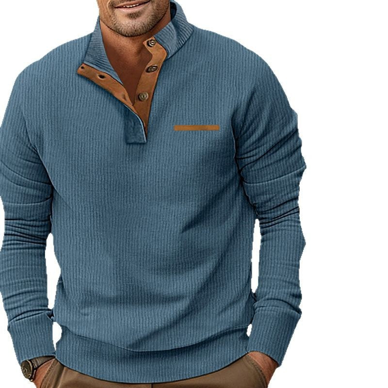 Herren nan strukturiertes Halbknopf-Stehkragen-Pullover mit Wildleder-Ellbogenpatches Drune