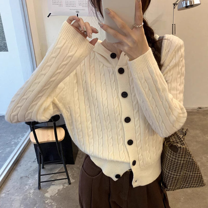 Damen Strickjacke mit Kapuze und Zopfdesign Drune