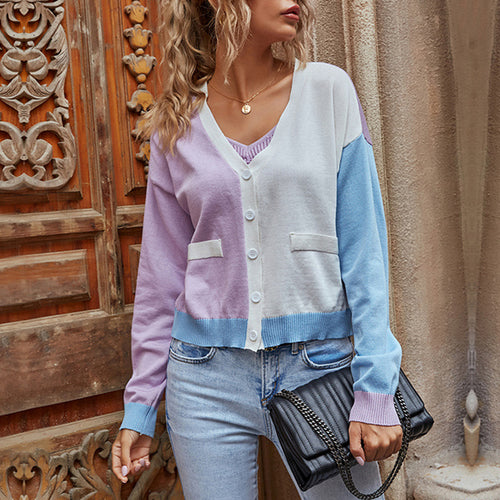Damen Leichter Colorblock-Cardigan im Pastellmix mit V‑Ausschnitt & Knopfleiste Drune