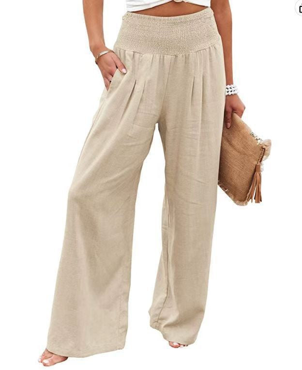 Damen weite Leinenhose mit elastischem Bund und Falten Drune