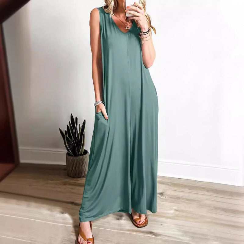Damen Eleganter, weiter Jumpsuit mit tiefem V-Ausschnitt und praktischen Taschen Drune
