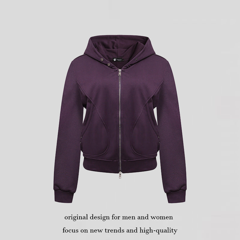 Damen Kurze taillierte Kapuzen-Sweatjacke mit Zwei-Wege-Reißverschluss und Eingrifftaschen Drune