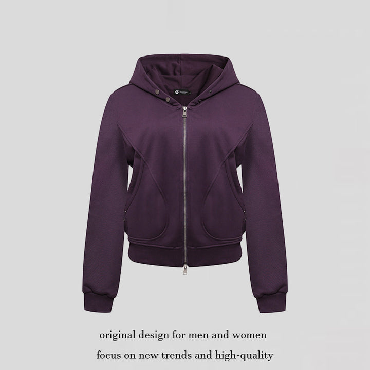 Damen Kurze taillierte Kapuzen-Sweatjacke mit Zwei-Wege-Reißverschluss und Eingrifftaschen Drune