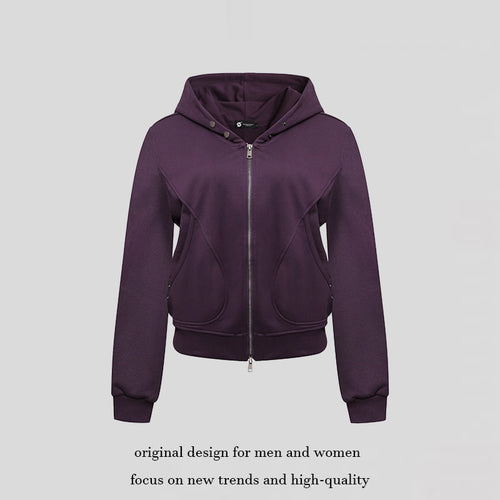 Damen Kurze taillierte Kapuzen-Sweatjacke mit Zwei-Wege-Reißverschluss und Eingrifftaschen Drune
