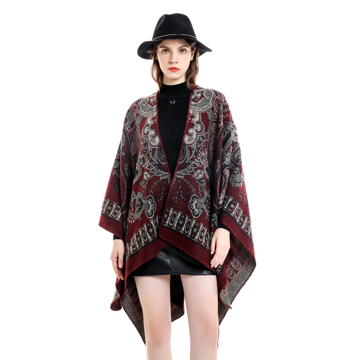 Damen Jacquard-gewebte Oversize-Ruana mit Ornamentik und offenem Kimono-Fall Drune