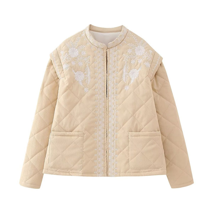Damen nan gesteppte Jacke mit floraler Stickbordüre, geradem Schnitt und Rundhals Drune