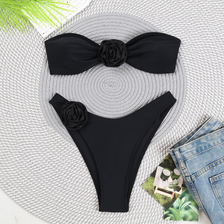 Damen Bandeau-Bikini mit dekorativen Blumenakzenten Drune