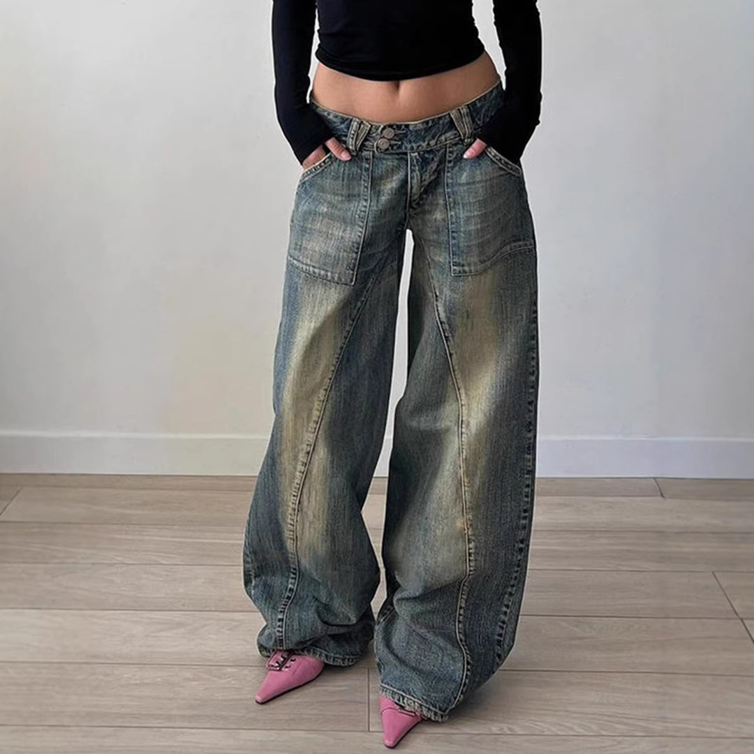 Damen nan weite Low-Rise Baggy-Jeans mit markanten V‑Nahtpaneelen und aufgesetzten Fronttaschen Drune