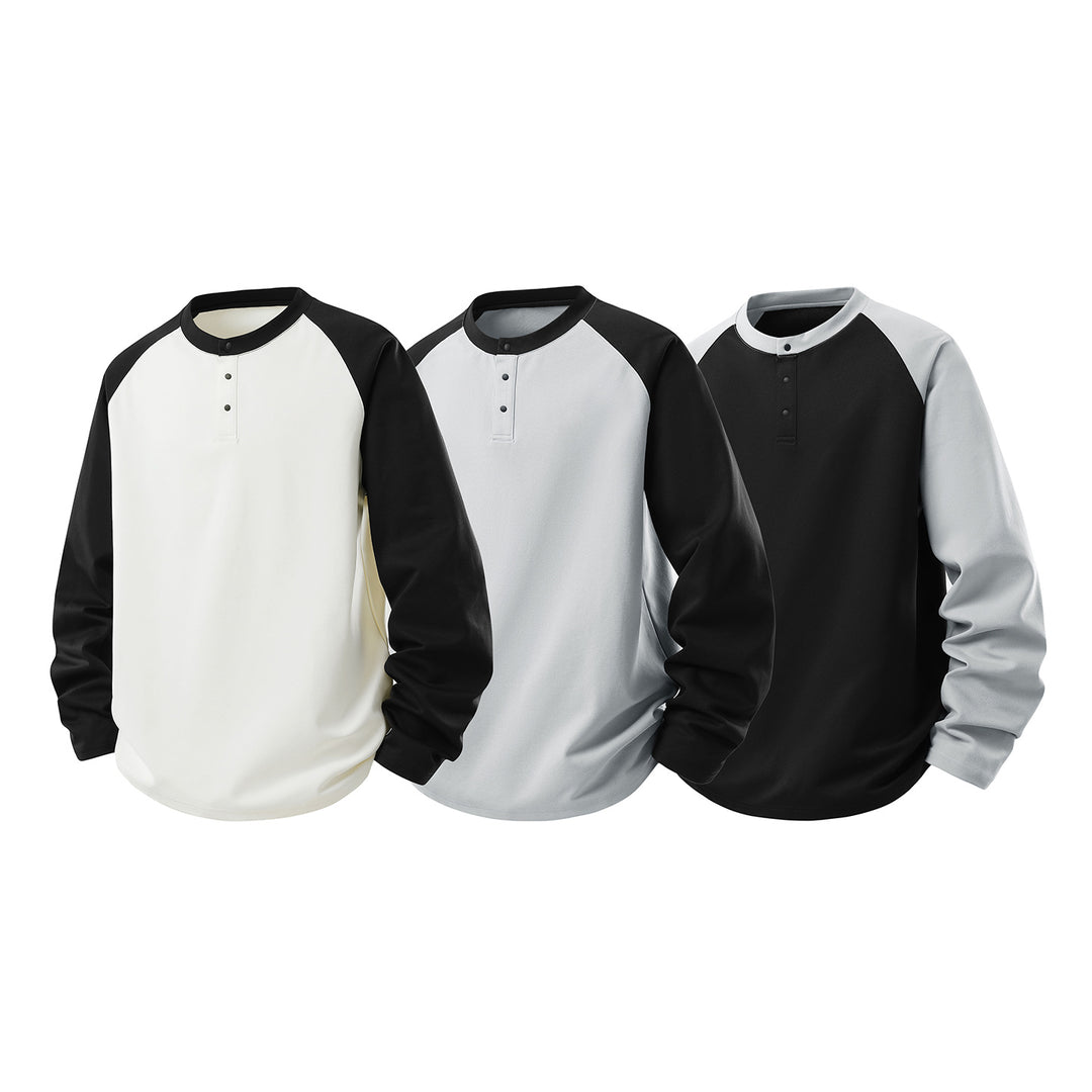 Herren Langarm-Henley-Sweatshirt mit Raglanärmeln, Relaxed-Fit und Knopfleiste Drune