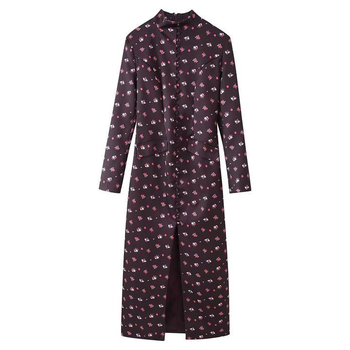 Damen Midikleid mit Stehkragen, floraler Allover‑Print und verdeckter Knopfleiste Drune