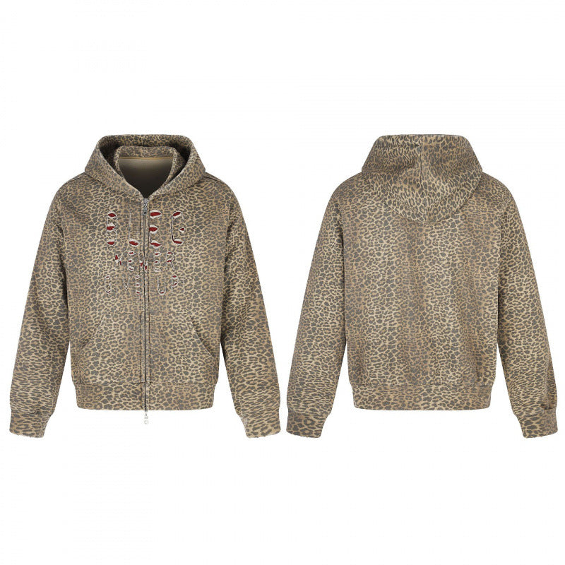 Unisex Kapuzenjacke im Leo‑Allover mit Vintage‑Effekt, Reißverschluss und Destroy‑Stickerei Drune