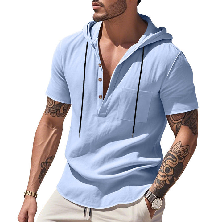 Herren nan legere Kurzarm-Kapuzen-Henley aus Single-Jersey mit Brusttasche und Kontrastkordel Drune