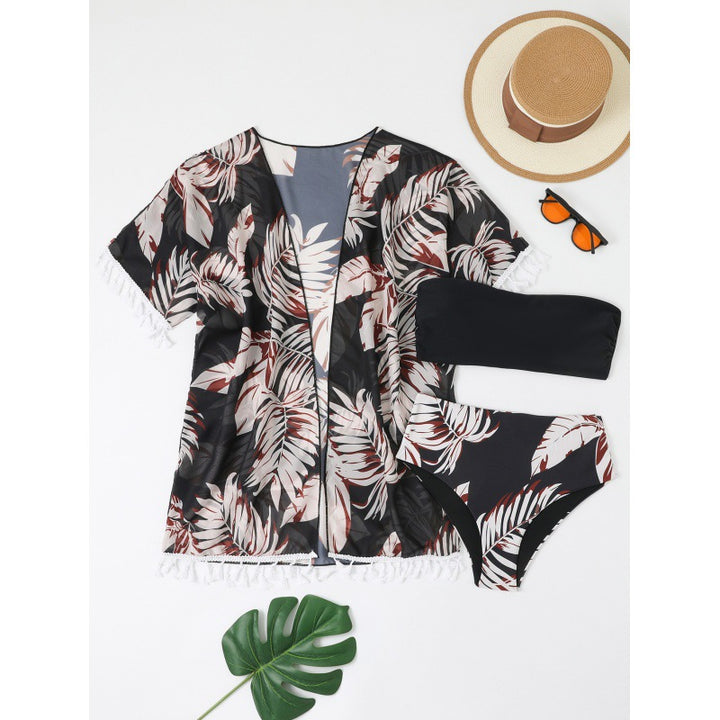 Damen Strandmode Set mit floralem Kimono und passendem Bikini Drune