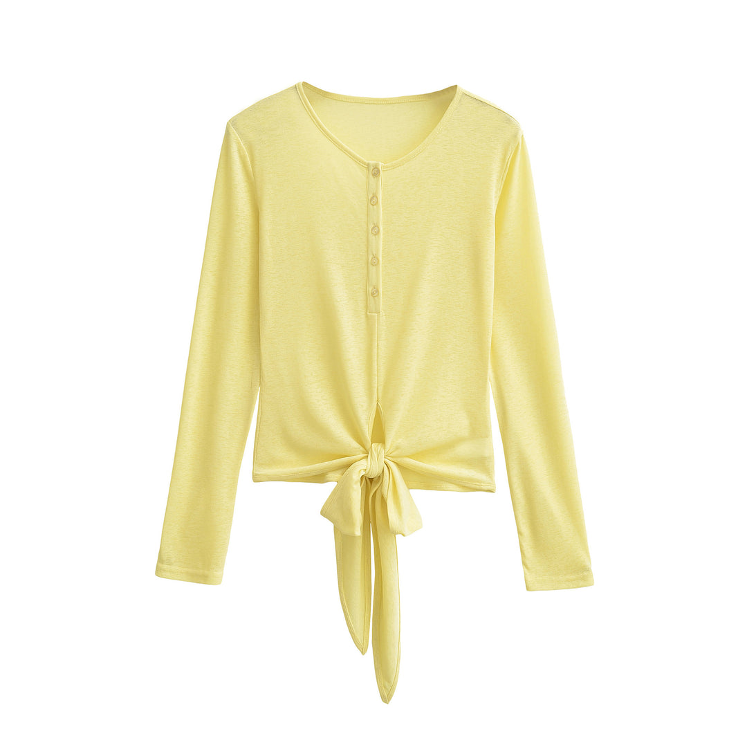Damen Langarm-Henley-Top mit Knotenfront und Knopfleiste Drune