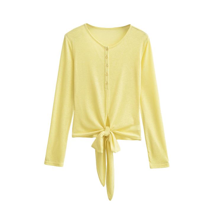 Damen Langarm-Henley-Top mit Knotenfront und Knopfleiste Drune