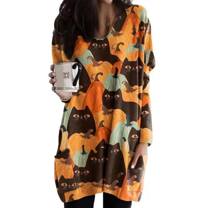 Damen Oversized Grafik Katze und Kürbis Tunika Kleid Drune