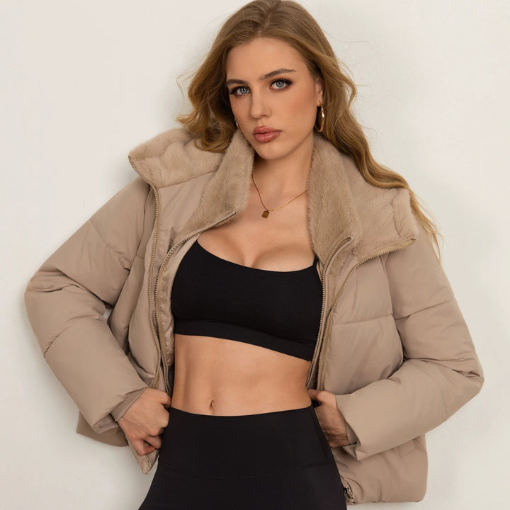 Damen Kurz geschnittene Pufferjacke mit kuscheliger Kunstfell‑Fütterung und hohem Kragen Drune