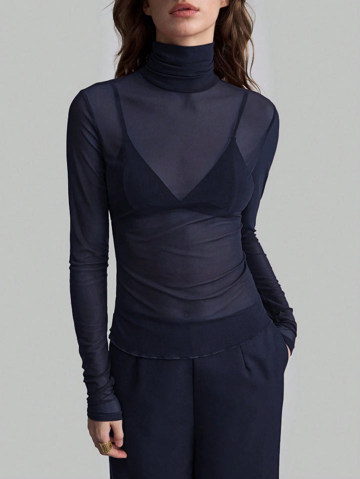 Damen nan feines transparentes Mesh-Langarmtop mit Rollkragen und figurbetonter Passform Drune