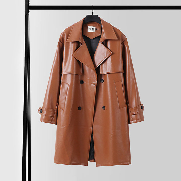 Herren Lederimitat-Trenchcoat mit Doppelreiher, Oversize-Schnitt und Manschettenriegel Drune