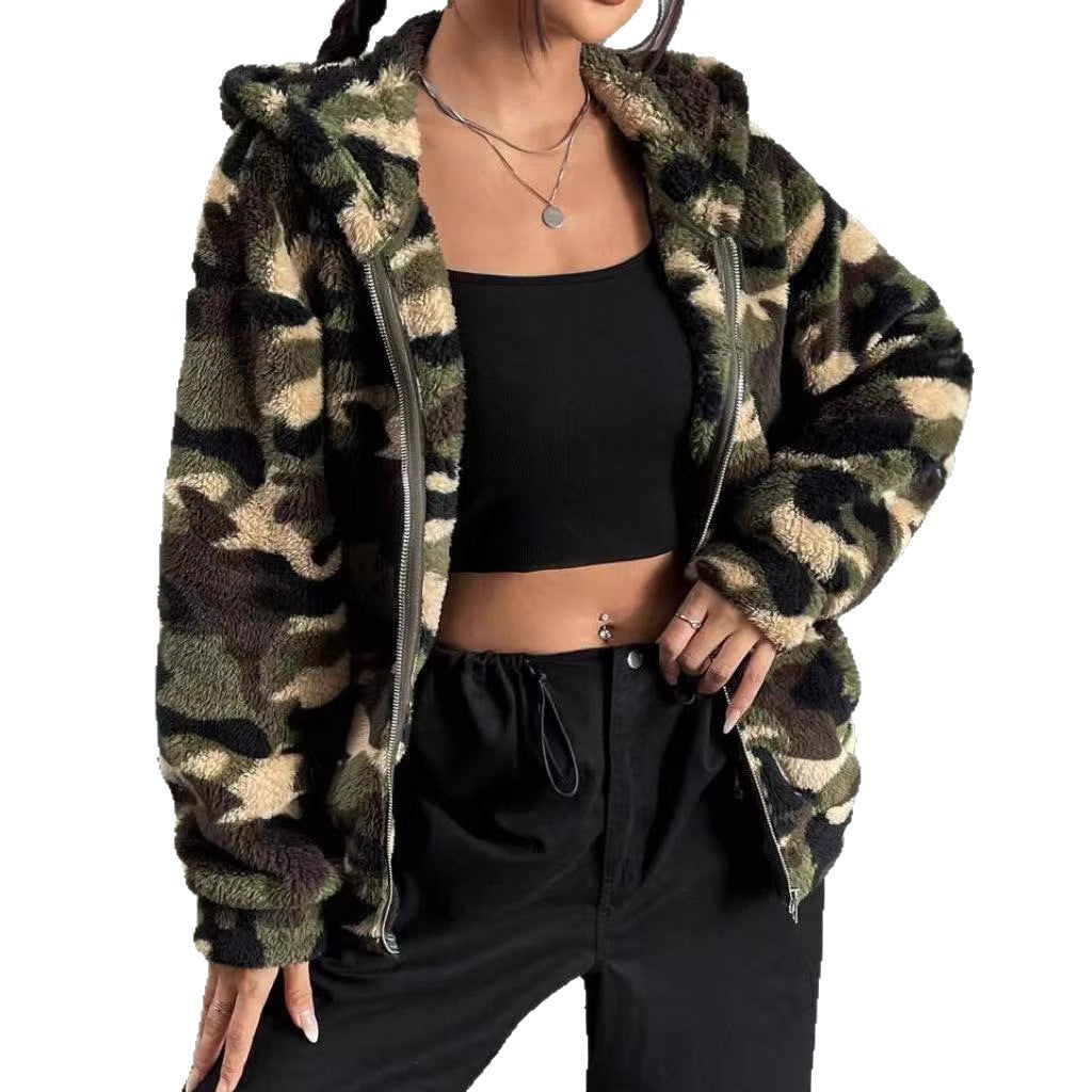 Damen Teddy-Fleece Kapuzenjacke im Camouflage-Look Drune