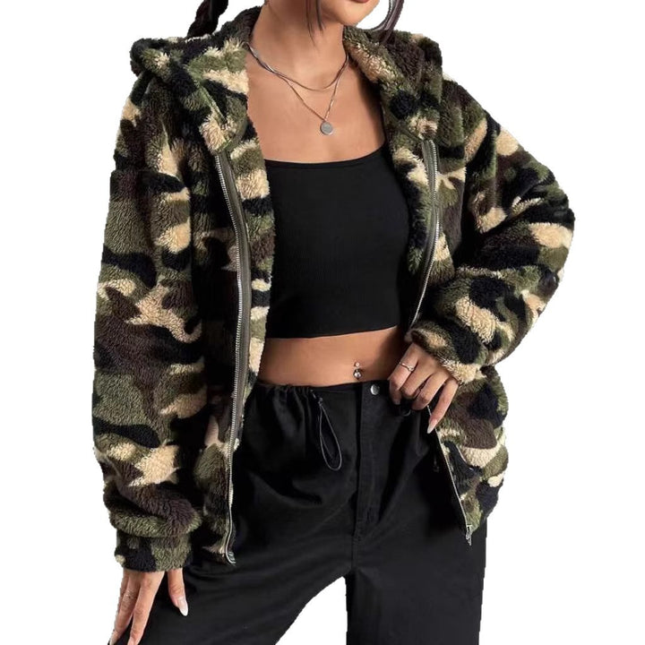 Damen Teddy-Fleece Kapuzenjacke im Camouflage-Look Drune