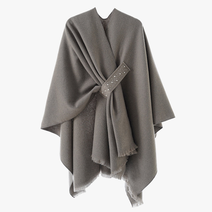 Damen Eleganter Wickel-Umhang aus Wollmischung mit Taillenschärpe und Fransensaum Drune