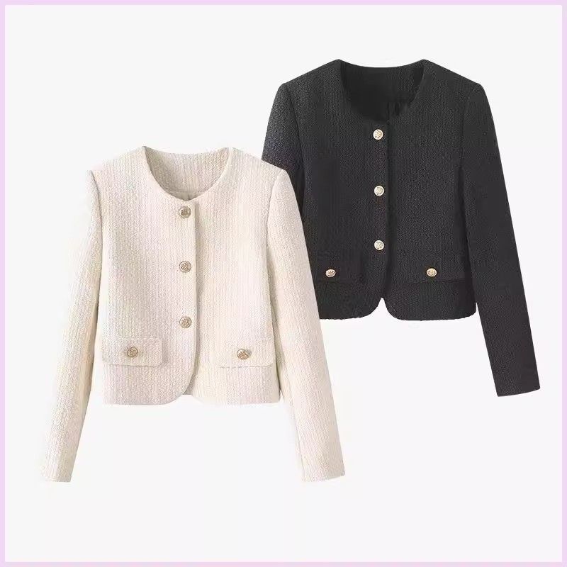Damen elegante Kurzjacke im Tweed-Stil mit goldenen Knöpfen Drune