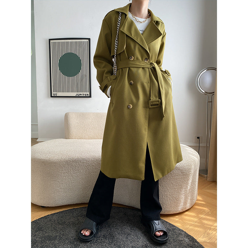 Damen eleganter Trenchcoat mit doppelter Knopfdetail und Taillengürtel Drune