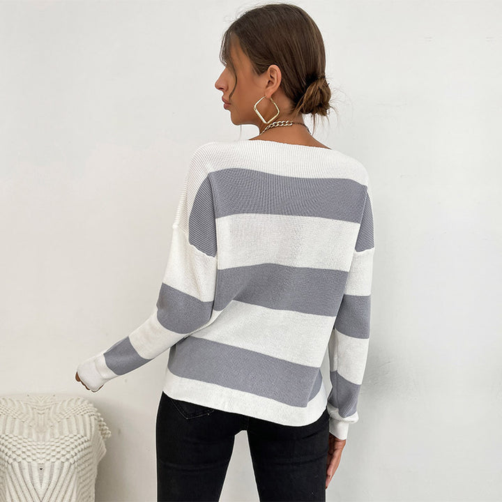 Damen Leichter Oversize‑Strickpullover mit V‑Ausschnitt und breitem Streifenmuster Drune