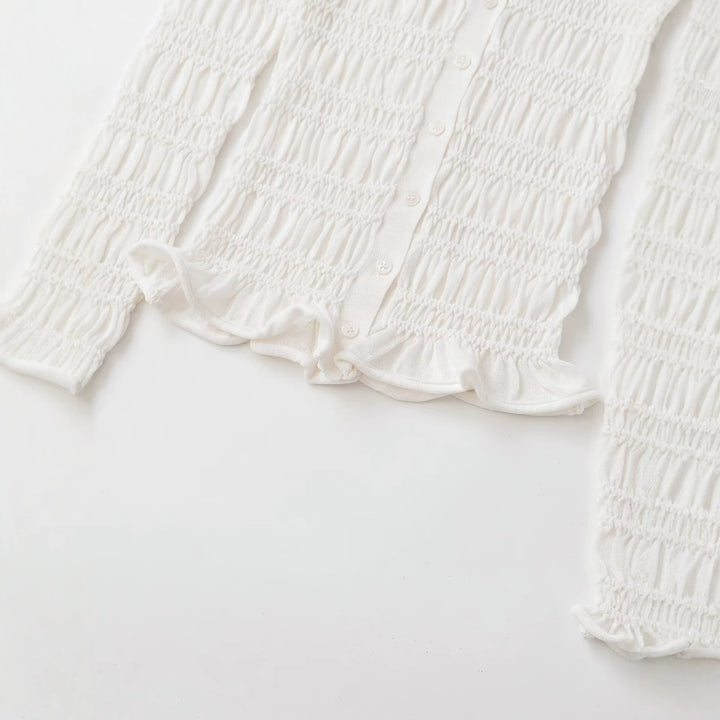 Damen Gesmoktes Feinstrick-Cardigan mit Rüschenabschluss und Knopfleiste Drune