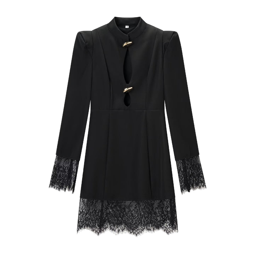 Damen Elegantes Mini-Kleid mit Spitzenbesatz, Stehkragen und dekorativen Schmuckverschlüssen Drune