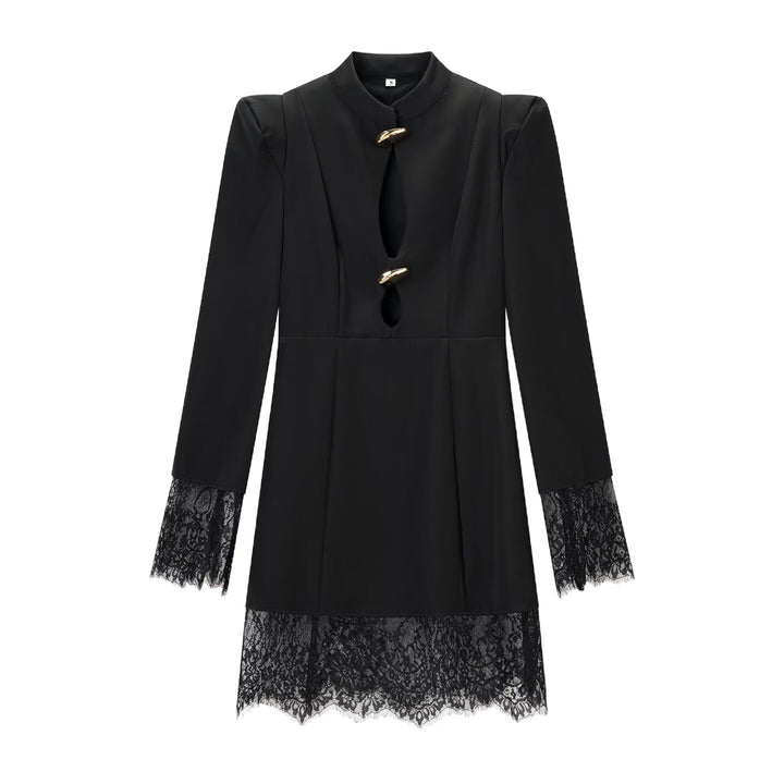 Damen Elegantes Mini-Kleid mit Spitzenbesatz, Stehkragen und dekorativen Schmuckverschlüssen Drune