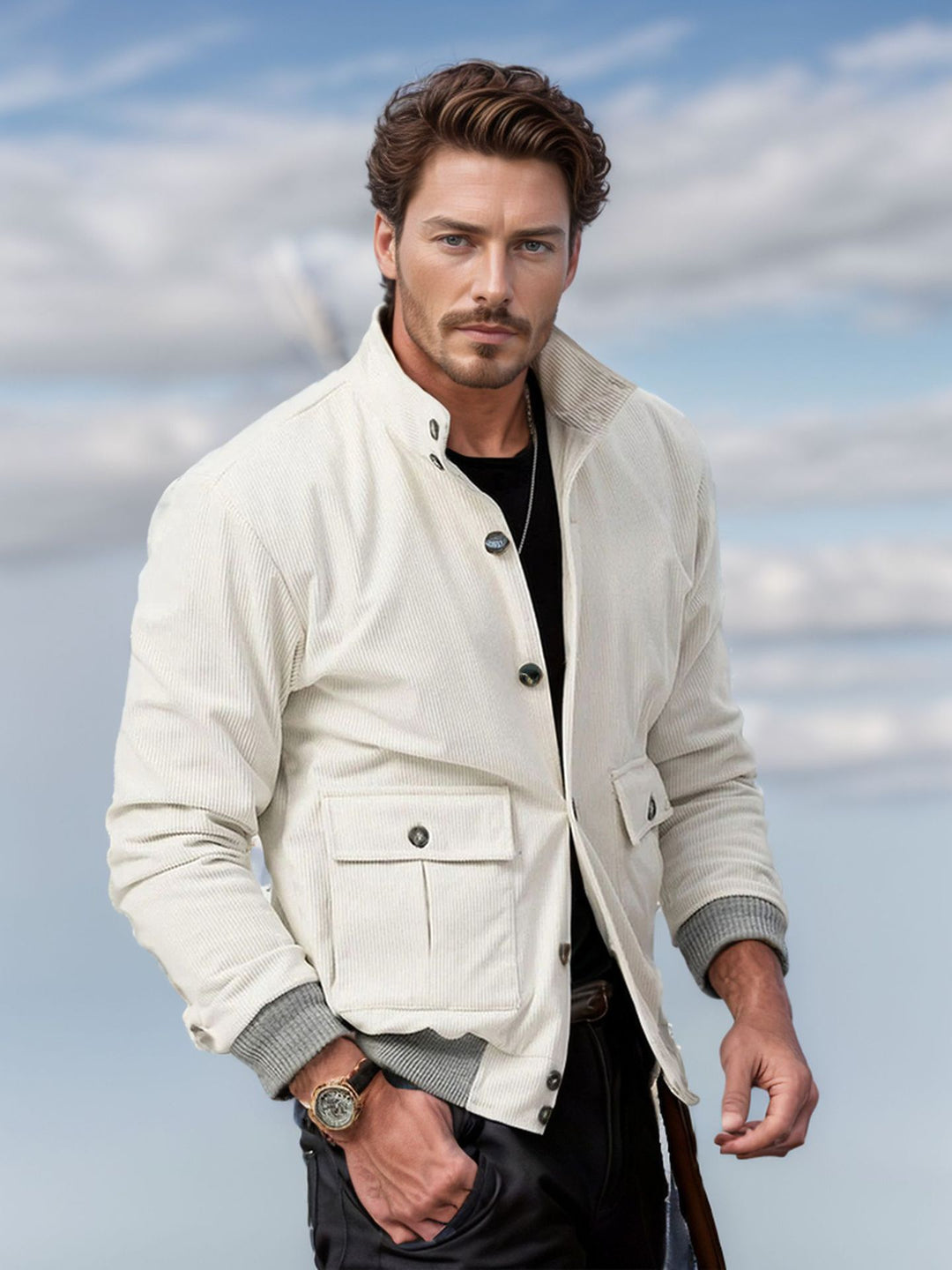 Herren Corduroy-Fieldjacke mit Pattentaschen und Stehkragen Drune