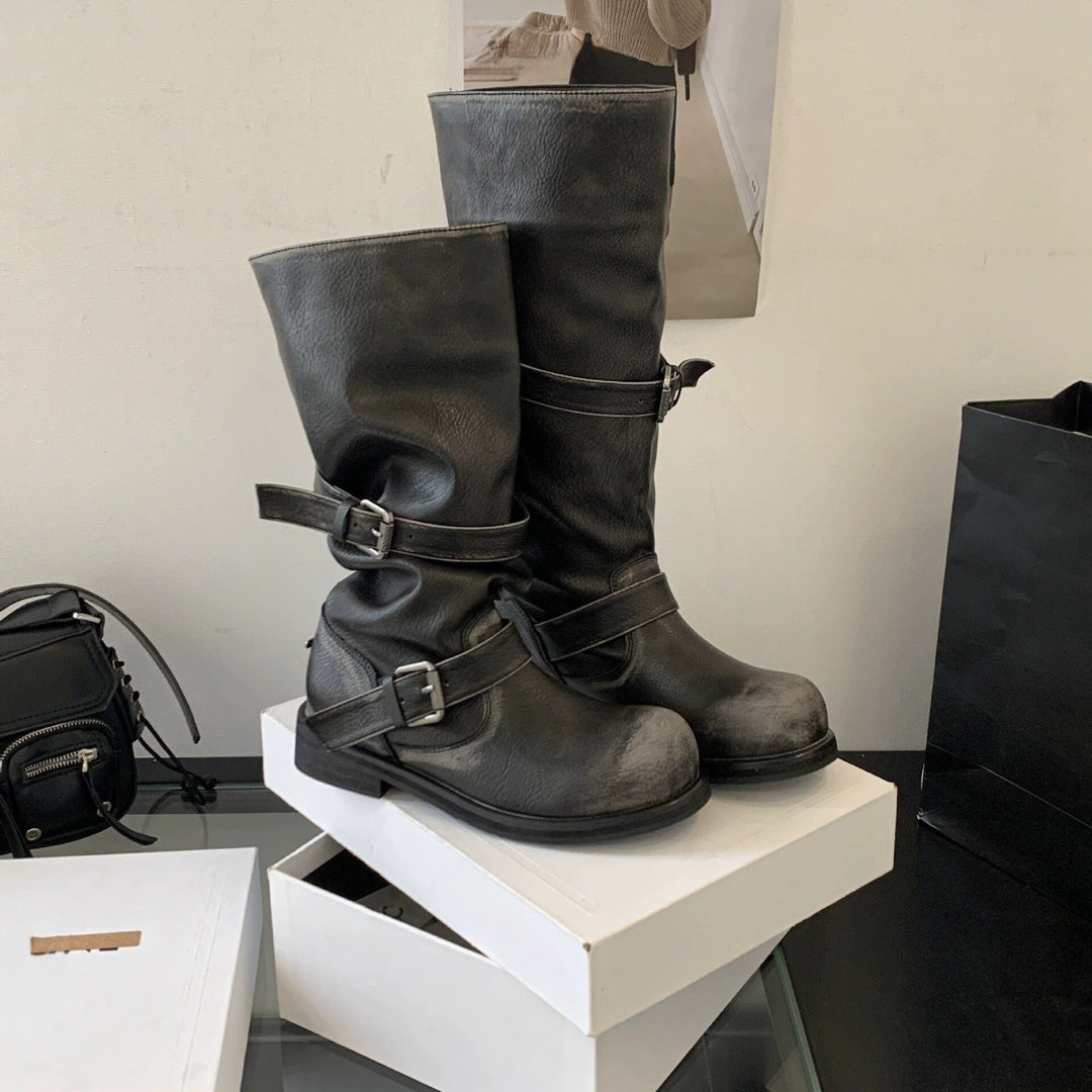 Damen Stiefel mit dekorativen Schnallen Drune