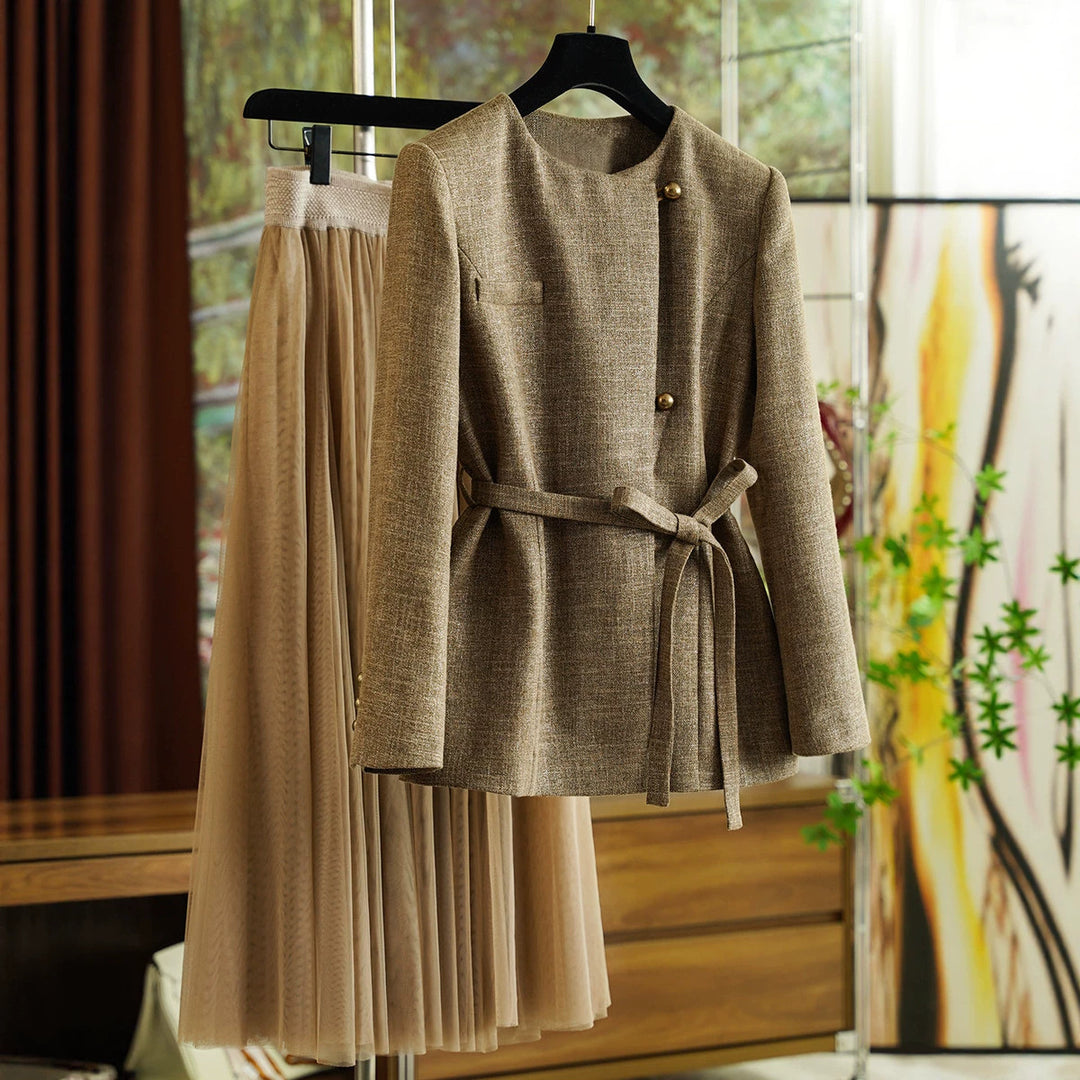 Damen Modische Blazerjacke mit Taillengürtel Drune
